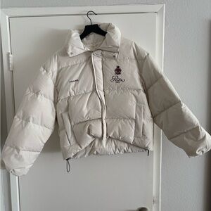 Frame Denim Cream Puffer Bomber Jacket with Embroidered Crest